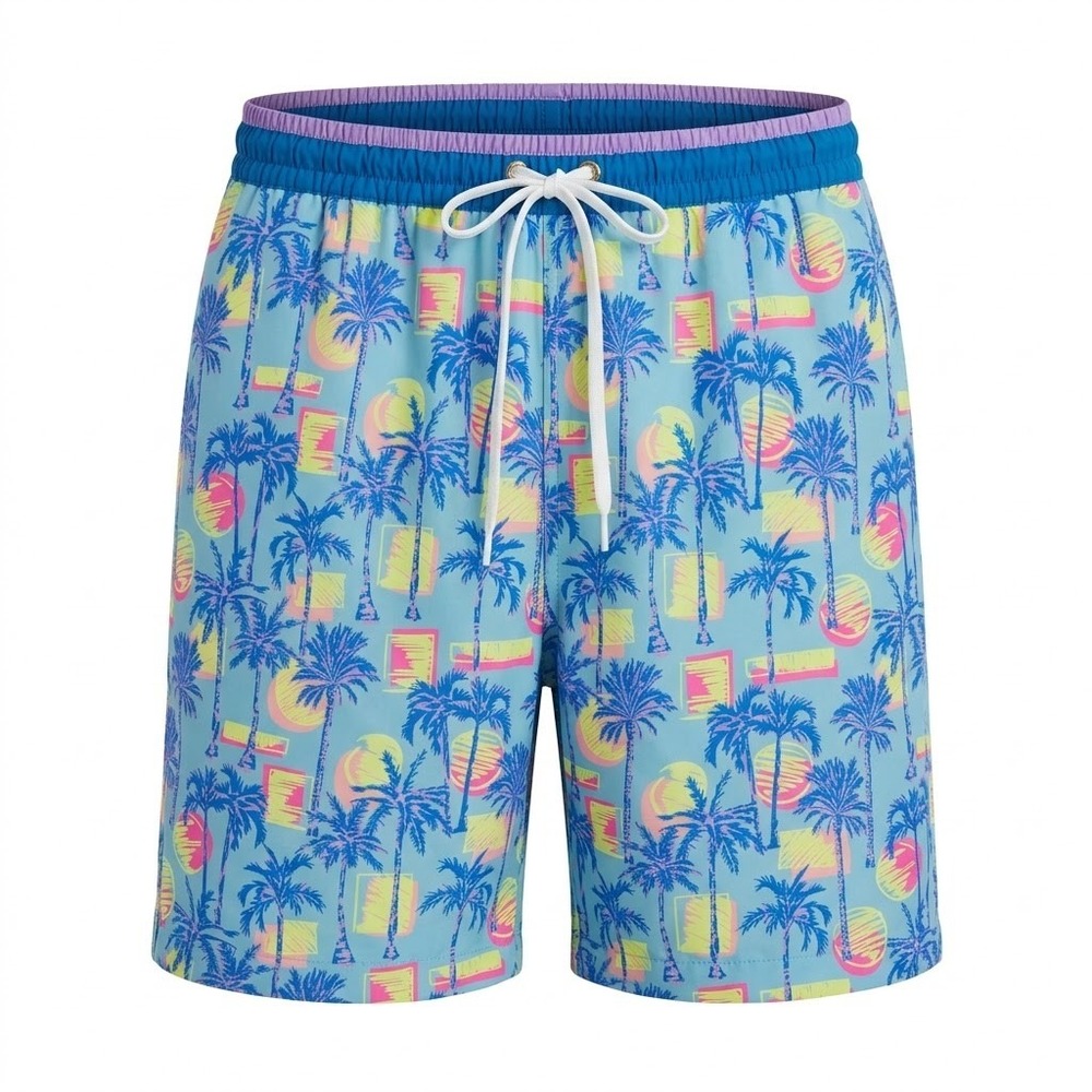 Chubbies Mens Blue Retro Palm Tree Print Swim Trunks Medium 7" Inseam